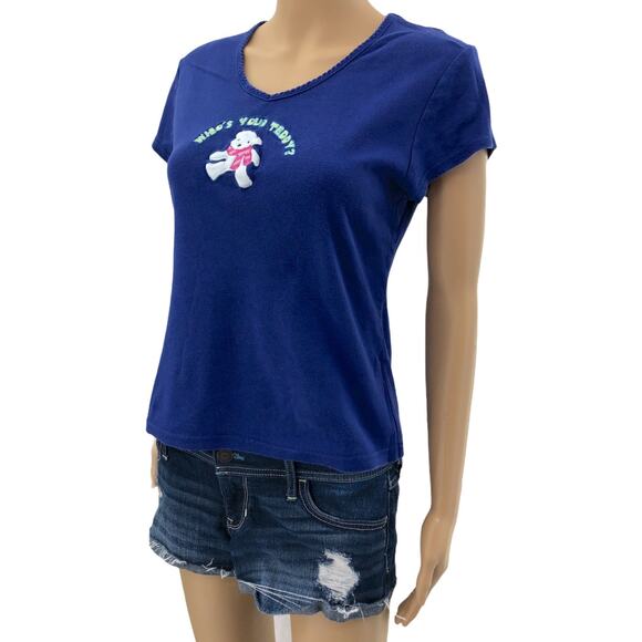 Delicates (L) Blue Who's Your Teddy? Embroidered Teddy Bear Tee Top Shirt V-Neck - Picture 2 of 8